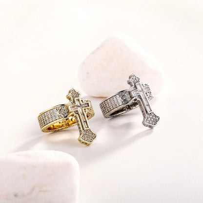 Unisex Iced Out Cross Ring | Micro-Pave Zirconia Couple's Band | Caratix