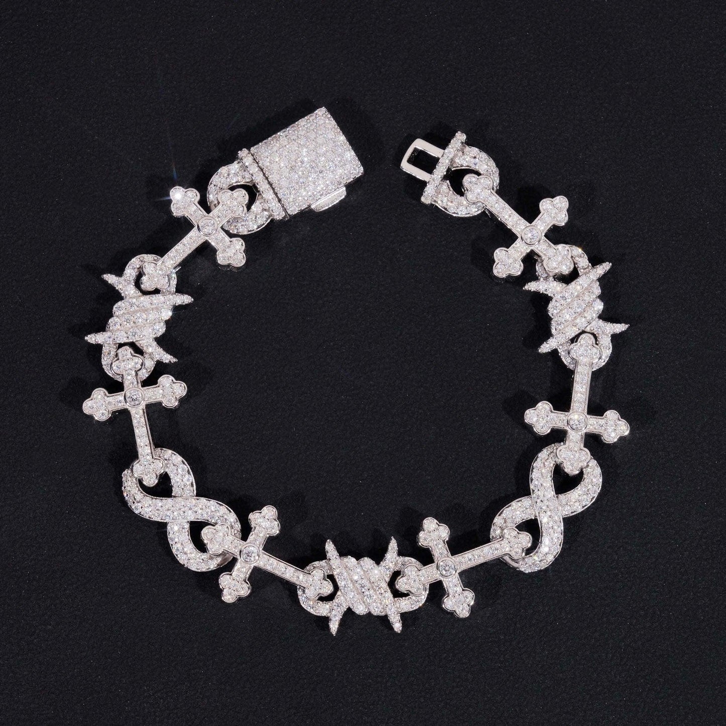 12mm Moissanite Cross Cuban Link Bracelet – S925 Sterling Silver Iced-Out Hip Hop Jewelry with Figure-8 Clasp - CaratixJewelry
