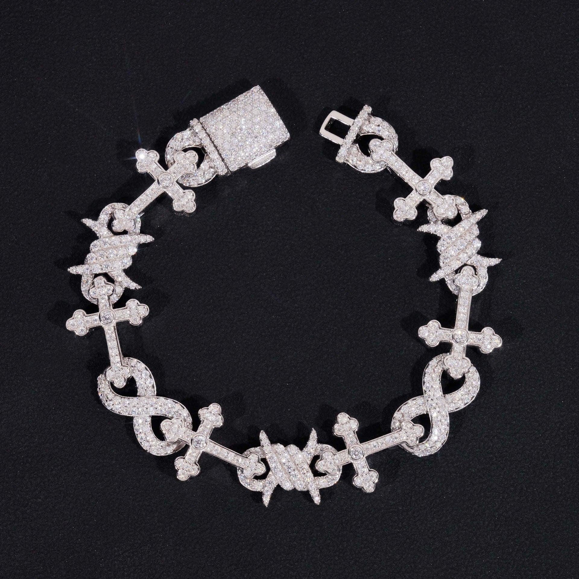 12mm Moissanite Cross Cuban Link Bracelet – S925 Sterling Silver Iced-Out Hip Hop Jewelry with Figure-8 Clasp - CaratixJewelry