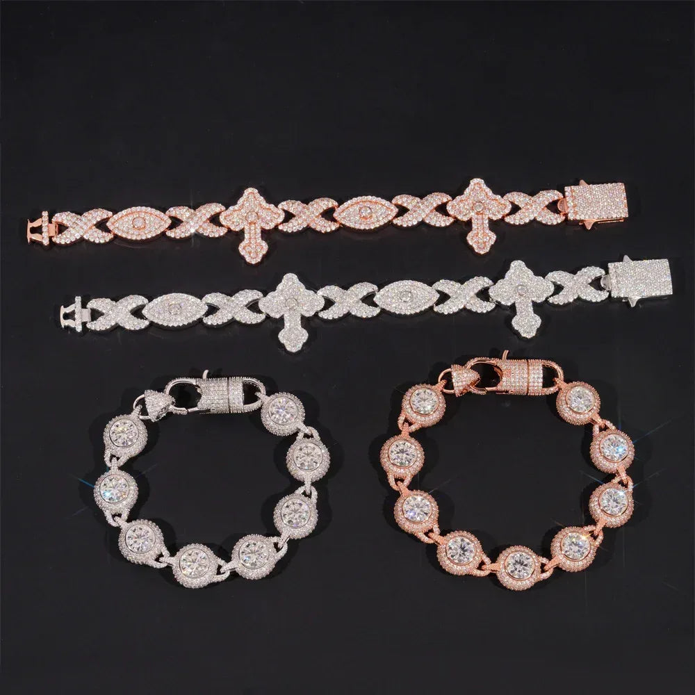 12mm Moissanite Eye & Cross Cuban Link Bracelet – S925 Sterling Silver Iced-Out Hip Hop Men’s Streetwear Jewelry - CaratixJewelry