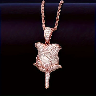 Unisex Iced Out Rose Pendant | Solid Color Real Copper CZ Necklace - CaratixJewelry