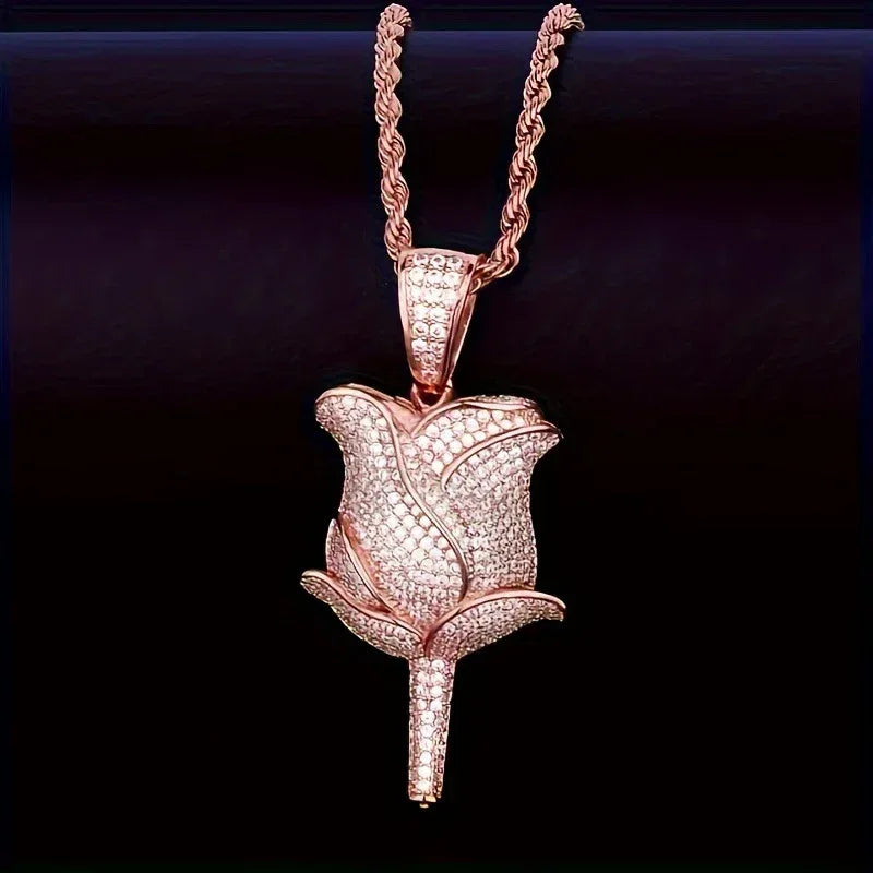Unisex Iced Out Rose Pendant | Solid Color Real Copper CZ Necklace - CaratixJewelry