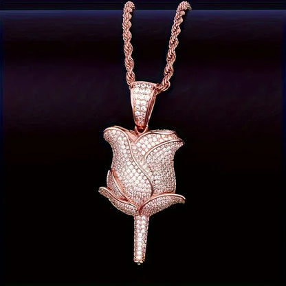 Unisex Iced Out Rose Pendant | Solid Color Real Copper CZ Necklace - CaratixJewelry