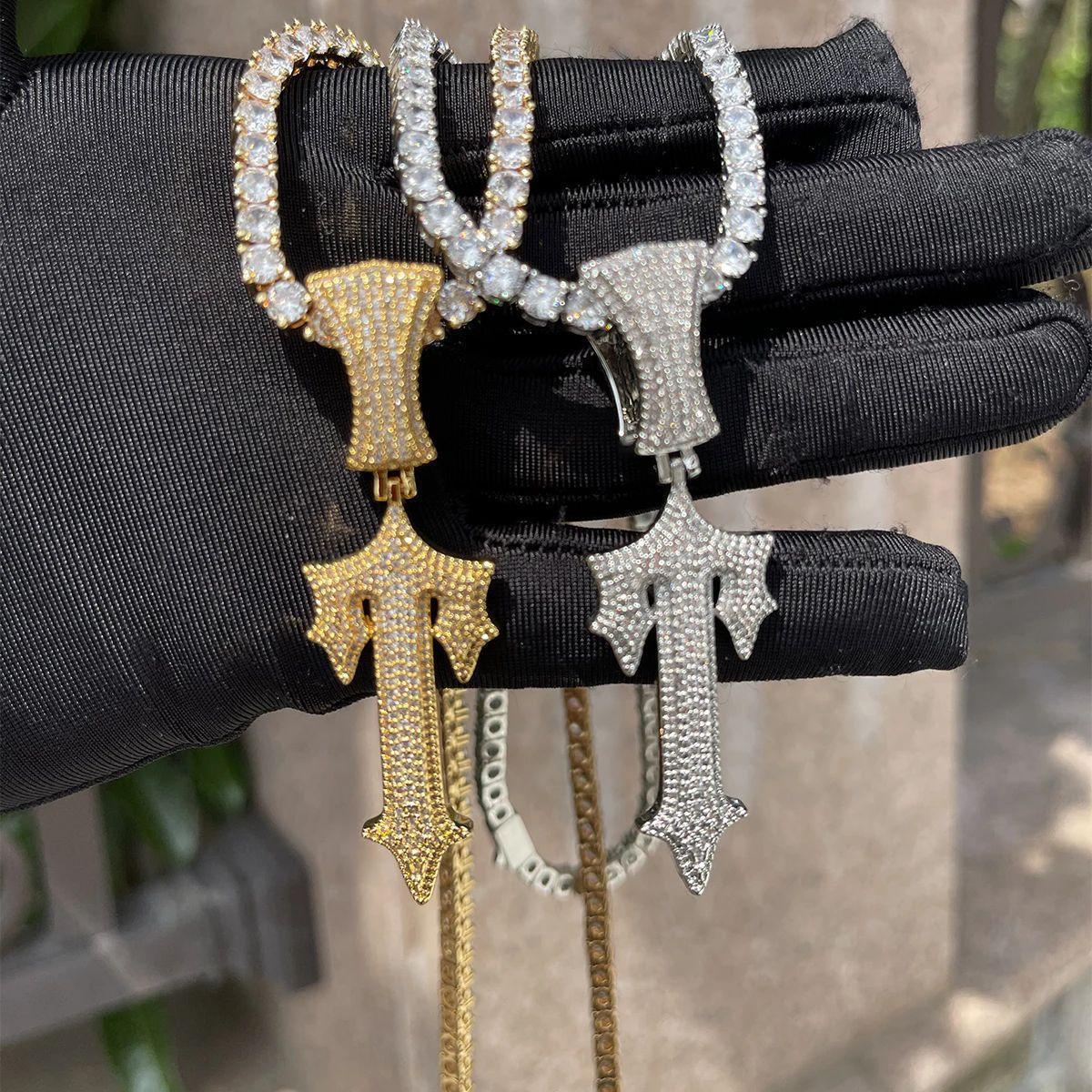 Iced Out Sword Cross Pendant | Men's T-Shape Dagger Necklace | Premium Copper CZ Weapon Jewelry | Holy Warrior Bling | Caratix - CaratixJewelry