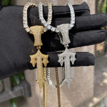 Iced Out Sword Cross Pendant | Men's T-Shape Dagger Necklace | Premium Copper CZ Weapon Jewelry | Holy Warrior Bling | Caratix - CaratixJewelry