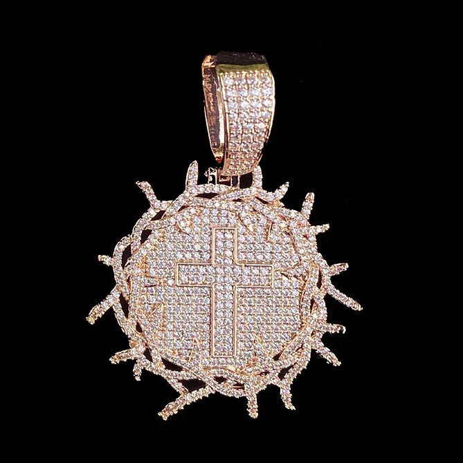 Iced Out Thorns Disc Cross Pendant | Men's Real Copper CZ Shield Necklace - CaratixJewelry
