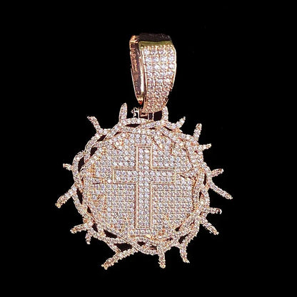 Iced Out Thorns Disc Cross Pendant | Men's Real Copper CZ Shield Necklace - CaratixJewelry