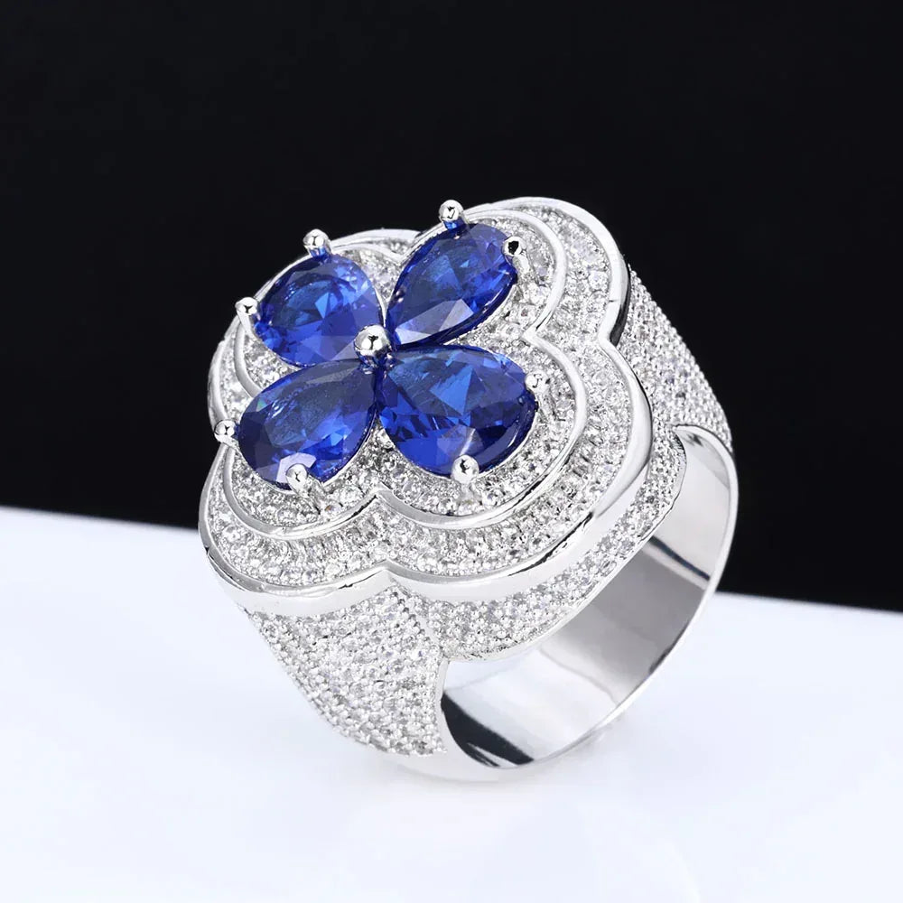 Blue Flower S925 Silver Moissanite Ring Rapper Iced Out Style | Caratix Jewelry - CaratixJewelry