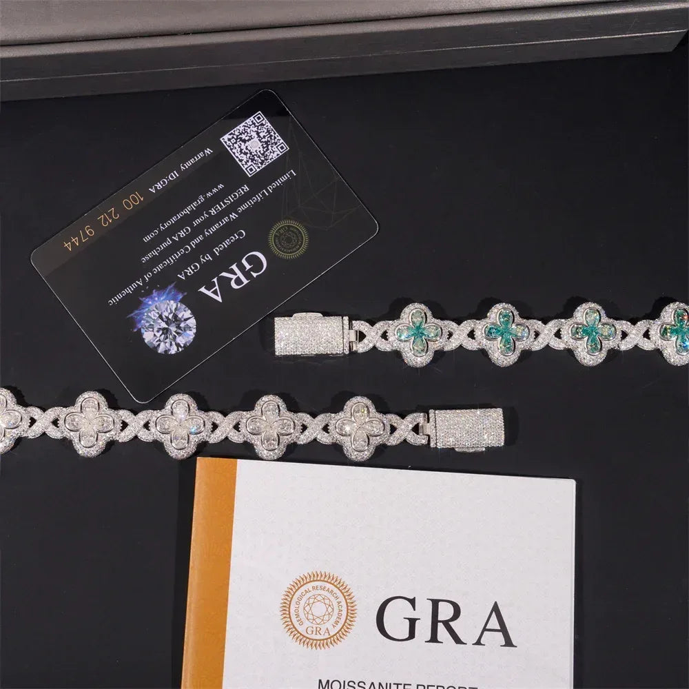 18mm Four-Leaf Clover Moissanite Cuban Link Bracelet – S925 Sterling Silver Iced-Out Hip Hop Streetwear Jewelry - CaratixJewelry