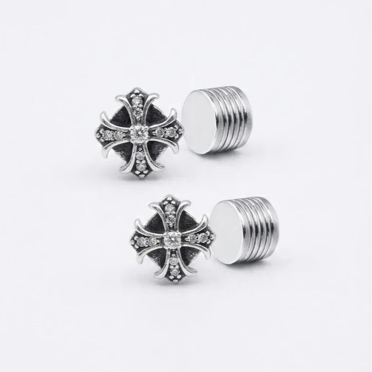 Vintage Iced Out Cross Magnetic Earrings - Retro Hip Hop Style