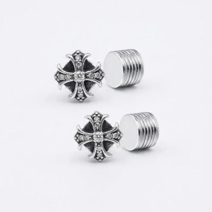 Vintage Iced Out Cross Magnetic Earrings - Retro Hip Hop Style