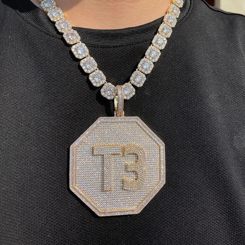Octagon-Shaped Letter Pendant Necklace with Zircon Stones and Detailing for Men | Caratix Jewelry - CaratixJewelry