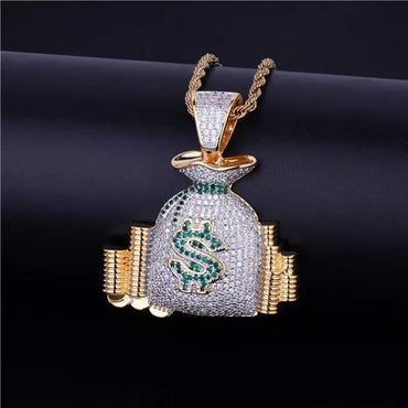 Iced Out Money Bag Pendant | Men's Real Gold Plated Necklace | Premium Copper CZ Dollar Sign Sack | Secure The Bag Jewelry | Caratix - CaratixJewelry