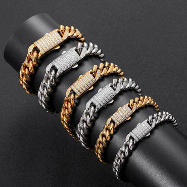 Polished Round Cuban Link Titanium Bracelet Zircon Hip Hop Jewelry Push Button Clasp for Men | Caratix Jewelry - CaratixJewelry