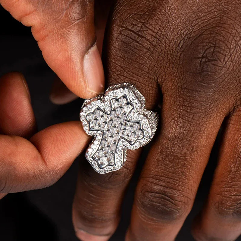 Men's Iced Out Cross Ring | Baguette Cut Hip Hop Faith Band | Caratix