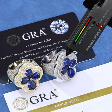 Blue Flower S925 Silver Moissanite Ring Rapper Iced Out Style | Caratix Jewelry - CaratixJewelry