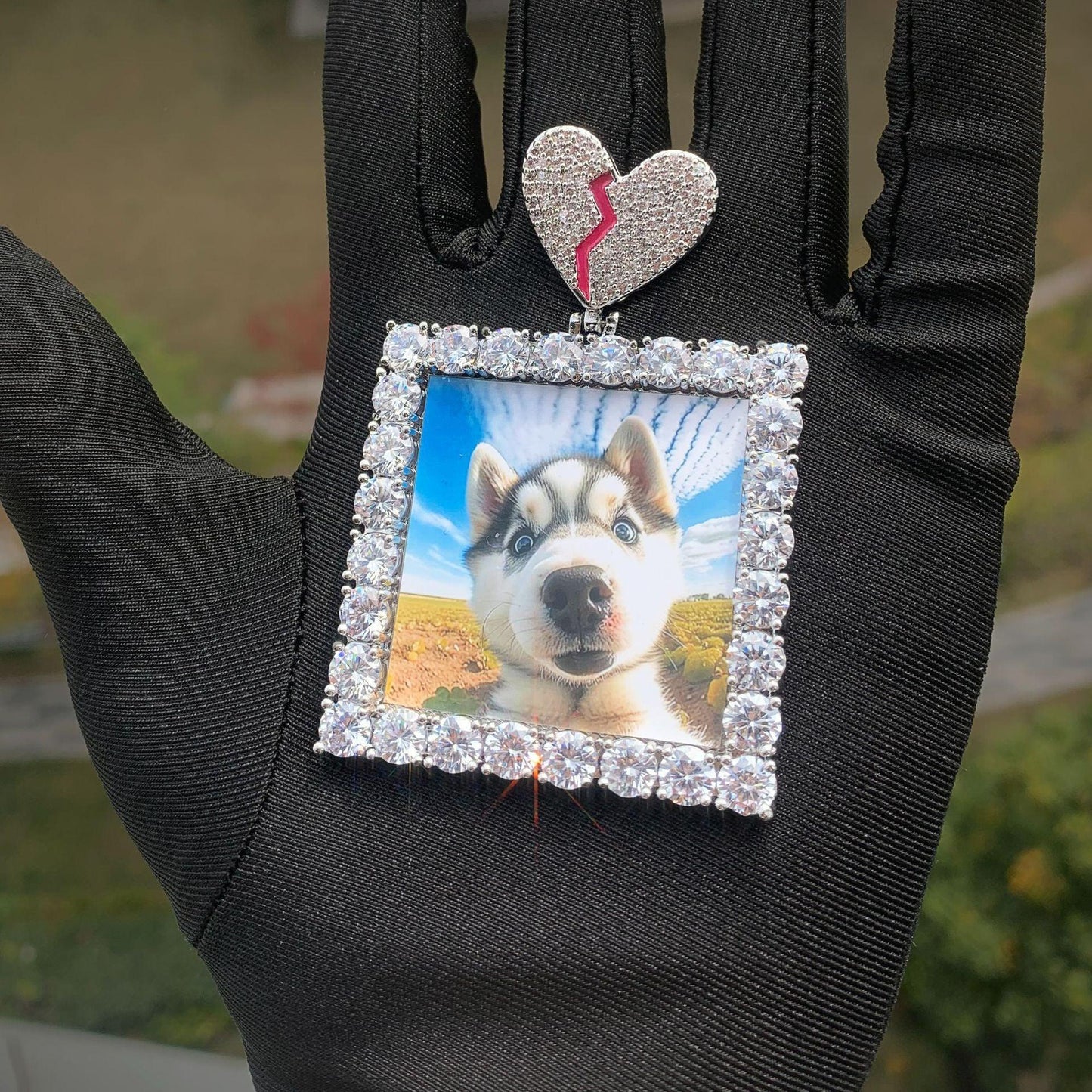 Dog Tag Photo Pendant with Heart Clasp | CZ Iced Out Custom Picture Hip Hop Necklace - CaratixJewelry