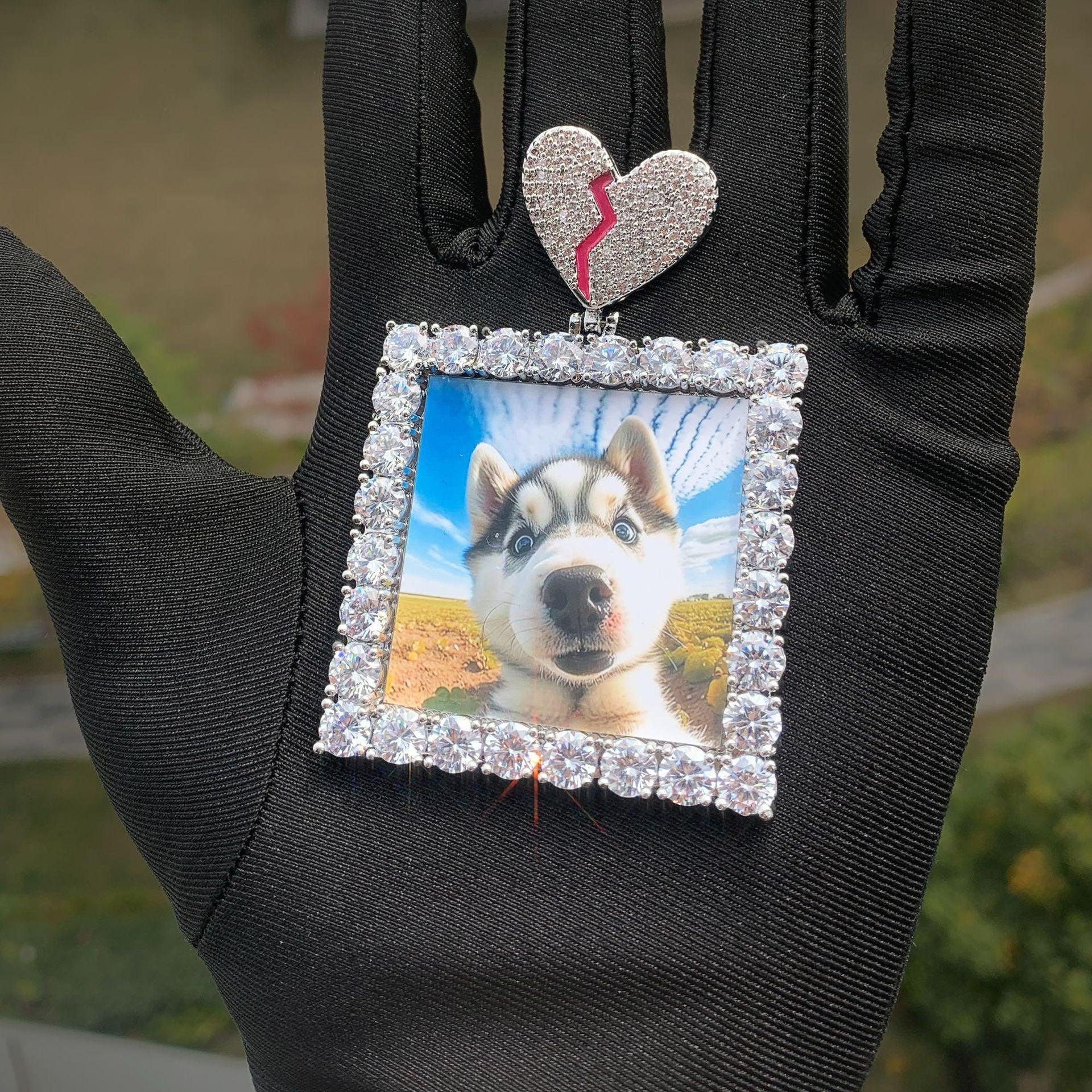 Dog Tag Photo Pendant with Heart Clasp | CZ Iced Out Custom Picture Hip Hop Necklace - CaratixJewelry