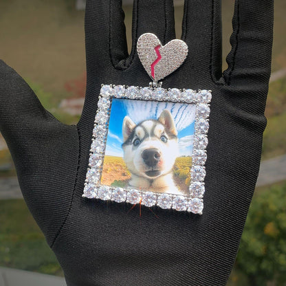 Dog Tag Photo Pendant with Heart Clasp | CZ Iced Out Custom Picture Hip Hop Necklace - CaratixJewelry