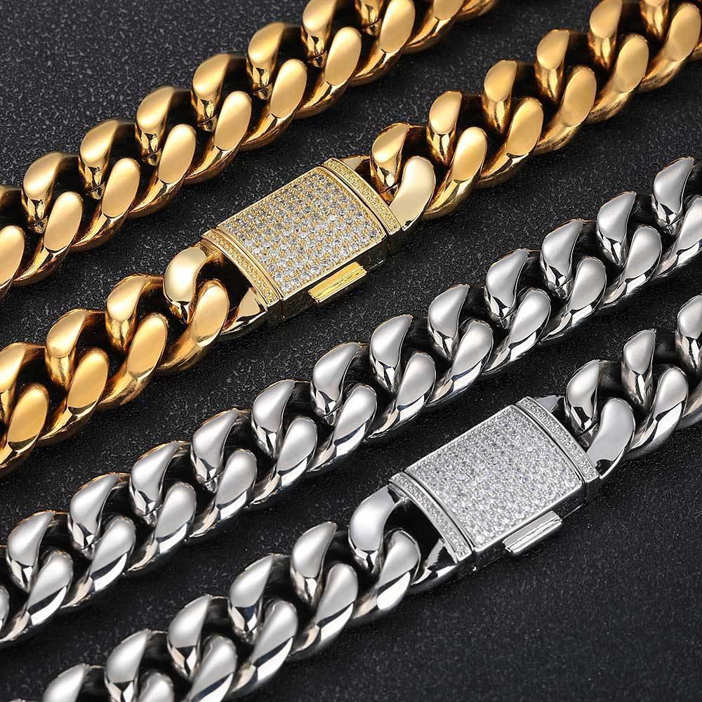 Stainless Steel Miami Cuban Chain Zircon Necklace with Flip Lock for Men | Caratix Jewelry - CaratixJewelry