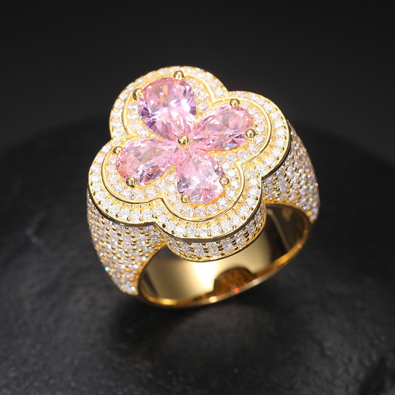 S925 Sterling Silver Moissanite Flower Ring – Ice Out Hip-Hop Luxury Statement Band for Men