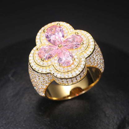S925 Sterling Silver Moissanite Flower Ring – Ice Out Hip-Hop Luxury Statement Band for Men