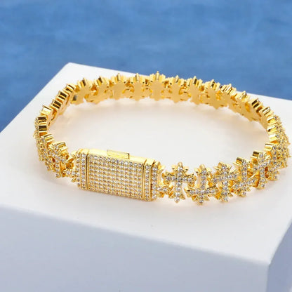 Cross Maple Leaf Zircon Hip Hop Bracelet Gold Chain Rapper Style for Men | Caratix Jewelry - CaratixJewelry