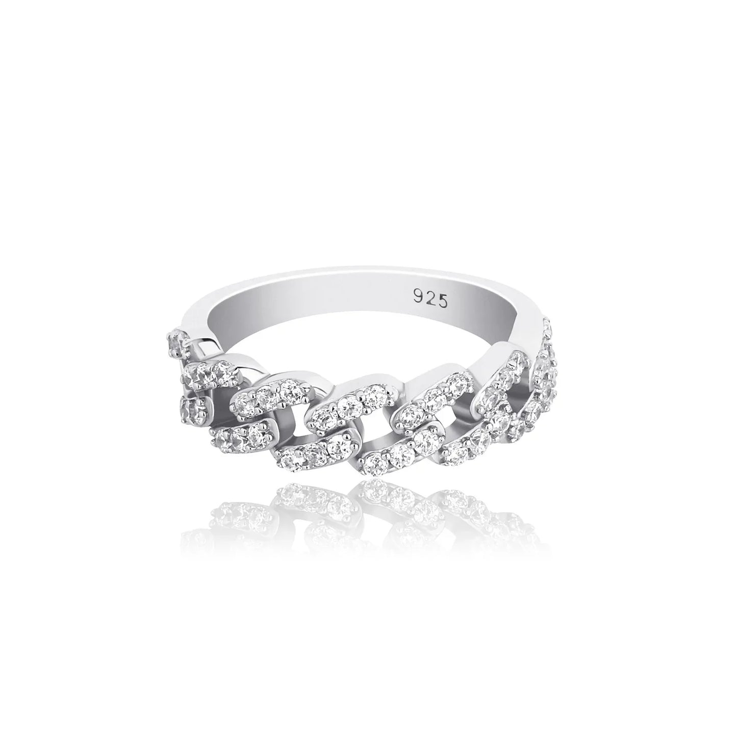 Solid 925 Sterling Silver Cuban Link Ring | Iced Out Hip Hop Band | Caratix