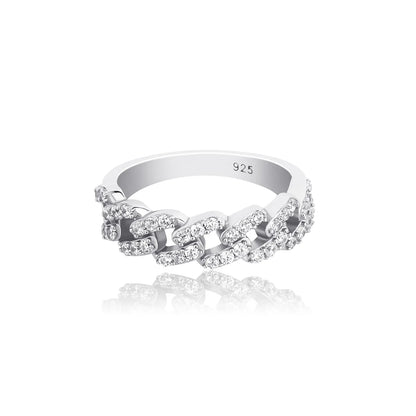 Solid 925 Sterling Silver Cuban Link Ring | Iced Out Hip Hop Band | Caratix