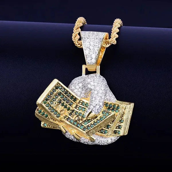 Iced Out Hand Holding Cash Pendant | "Secure The Bag" Men's Hip Hop Necklace | Premium Copper CZ Dollar Bill Jewelry | Wealth Hustle Bling | Caratix - CaratixJewelry