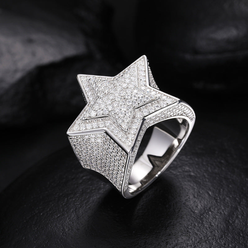 Unisex S925 Sterling Silver Moissanite Star Ring – Iced-Out Hip-Hop Statement Band