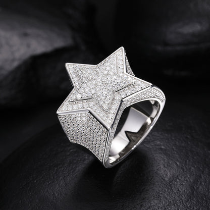 Unisex S925 Sterling Silver Moissanite Star Ring – Iced-Out Hip-Hop Statement Band