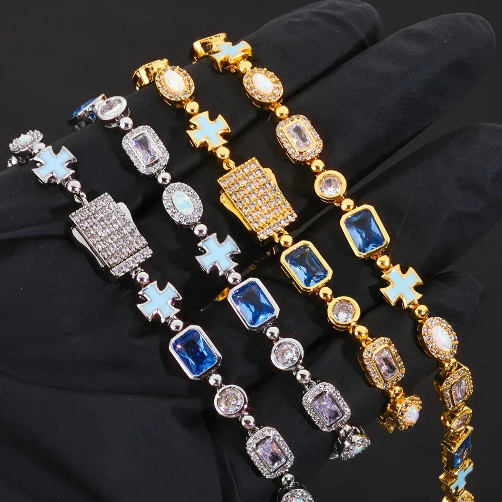 Custom 6mm Opal & Color Gemstone Necklace | Enamel Cross Hip Hop Jewelry | Caratix - CaratixJewelry