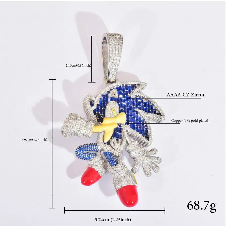 Sonic Cartoon Pendant Necklace | CZ Iced Out Hip Hop Streetwear Jewelry - CaratixJewelry