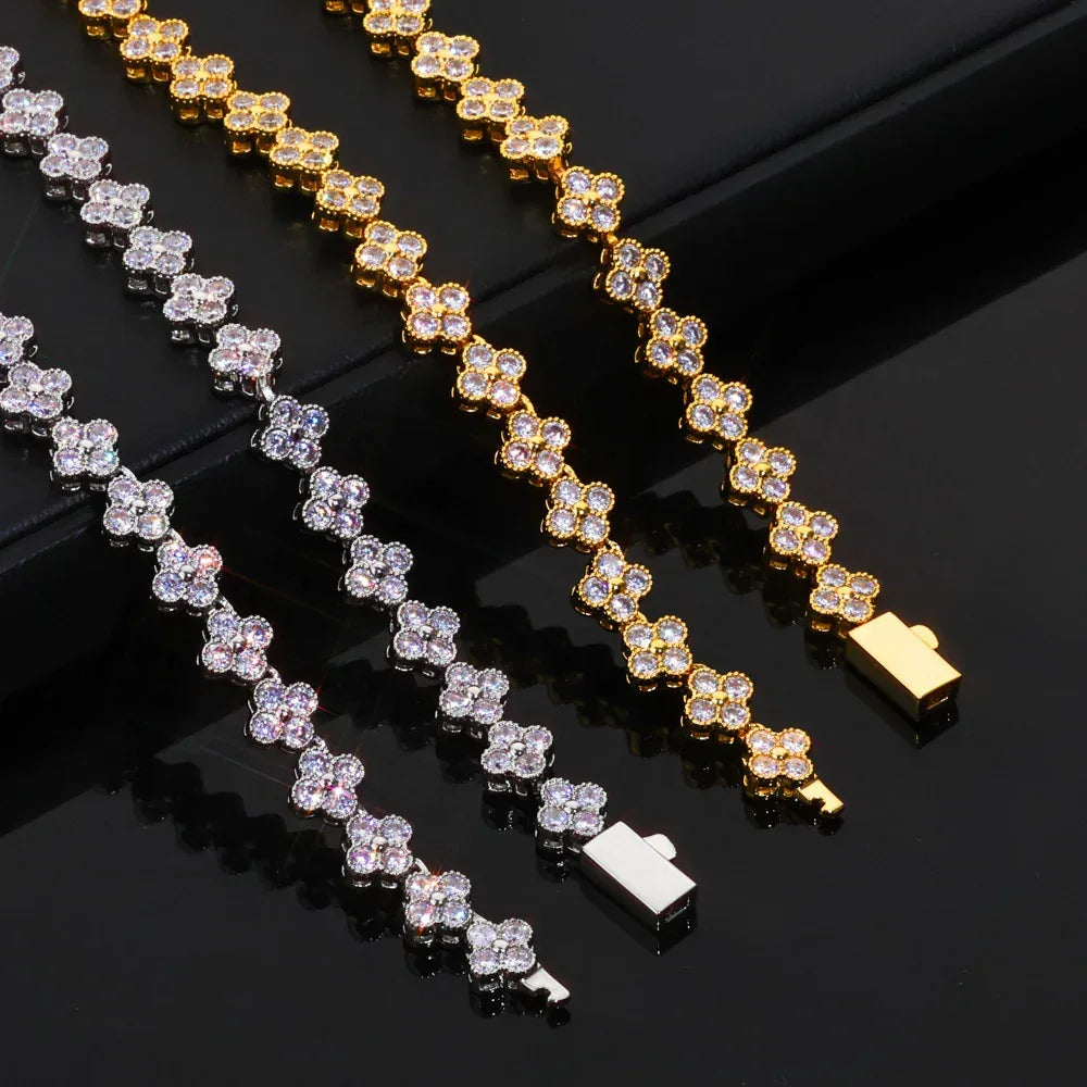 7mm Men's Full Zircon Clover & Plum Blossom Necklace | Niche Floral Iced Out Chain | Premium Hip Hop Bling | Caratix - CaratixJewelry