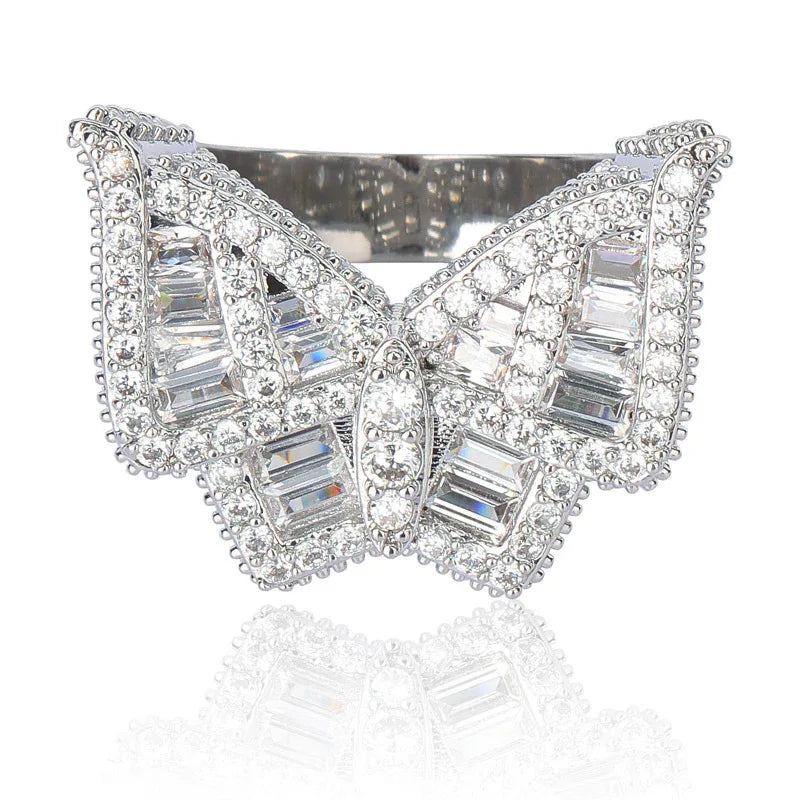 Men's Baguette Cut Butterfly Ring | Iced Out T-Stone Hip Hop Band | Caratix