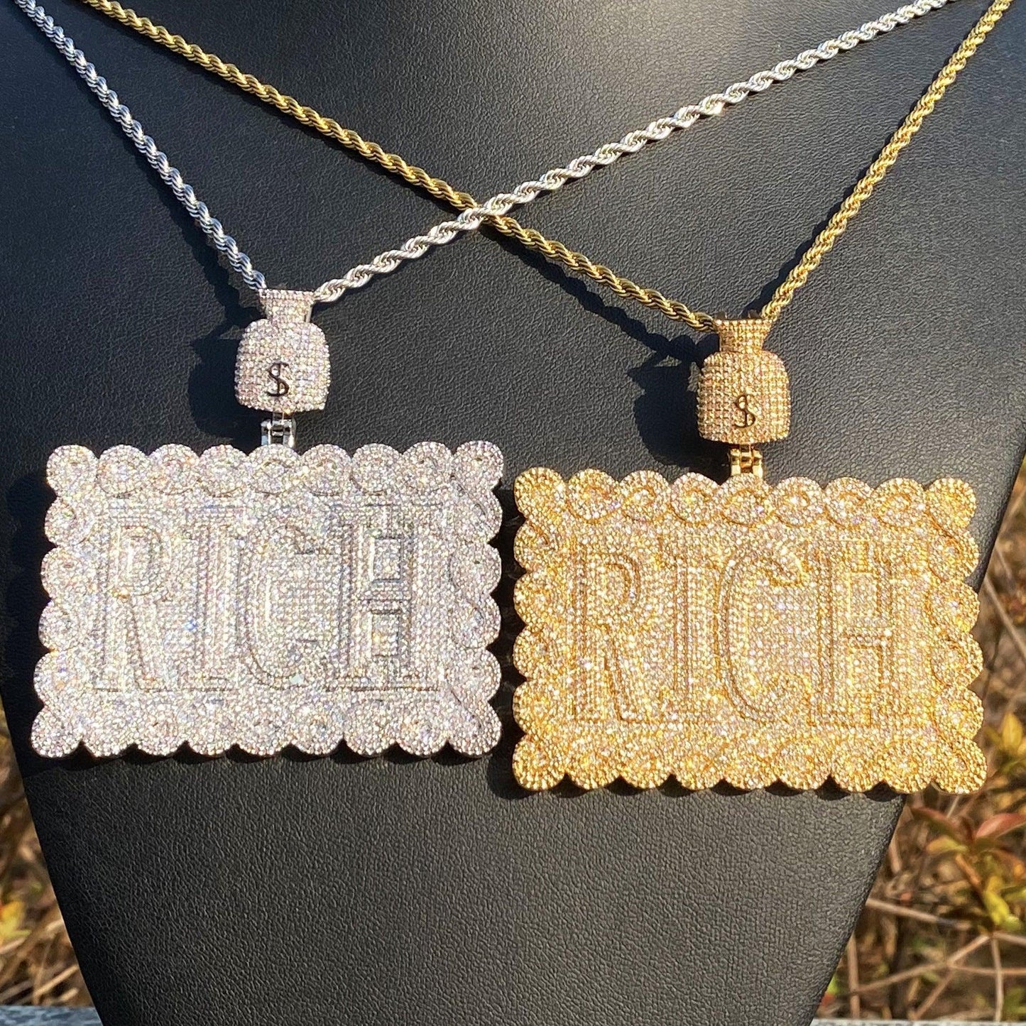 Iced Out "RICH" Dollar Sign Pendant | Men's Real Copper Square Medallion Necklace - CaratixJewelry