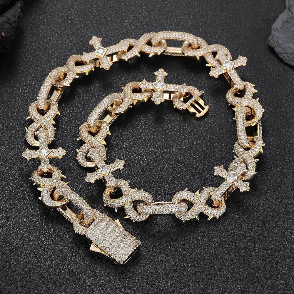 Thorn Cross Moissanite Cuban Link Chain with Figure-8 Clasp – Custom S925 Sterling Silver Iced-Out Hip Hop Men’s Streetwear Necklace - CaratixJewelry