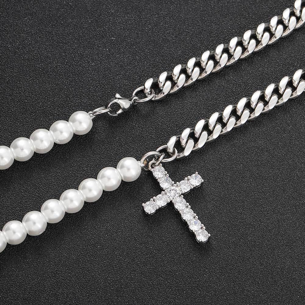 8mm Stainless Steel Cuban Chain Pearl Cross Necklace for Men | Caratix Jewelry - CaratixJewelry