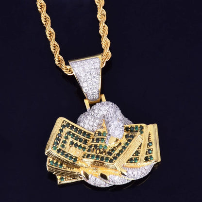 Iced Out Hand Holding Cash Pendant | "Secure The Bag" Men's Hip Hop Necklace | Premium Copper CZ Dollar Bill Jewelry | Wealth Hustle Bling | Caratix - CaratixJewelry