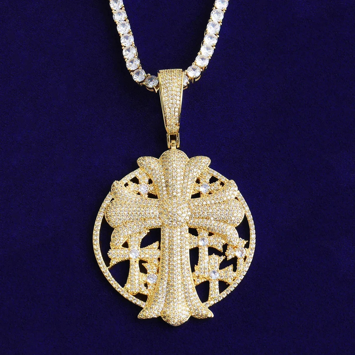 Iced Out Cross Medallion Pendant | Men's Round Disc Necklace - CaratixJewelry