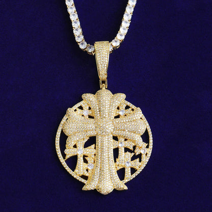 Iced Out Cross Medallion Pendant | Men's Round Disc Necklace - CaratixJewelry