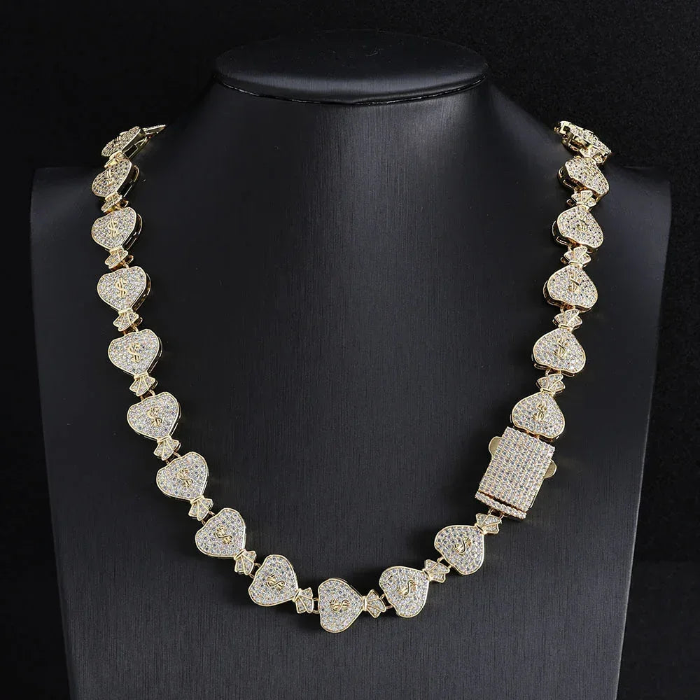 15mm Money Bag Zircon Cuban Chain Necklace - CaratixJewelry