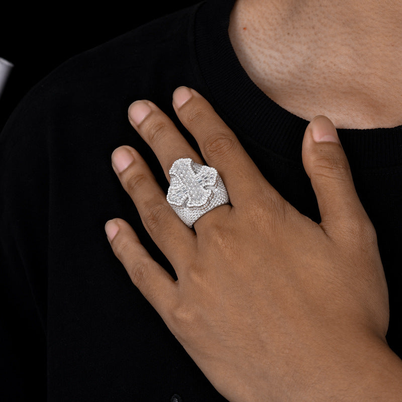 Baguette Moissanite Cross Men's Ring 925 Silver | Caratix