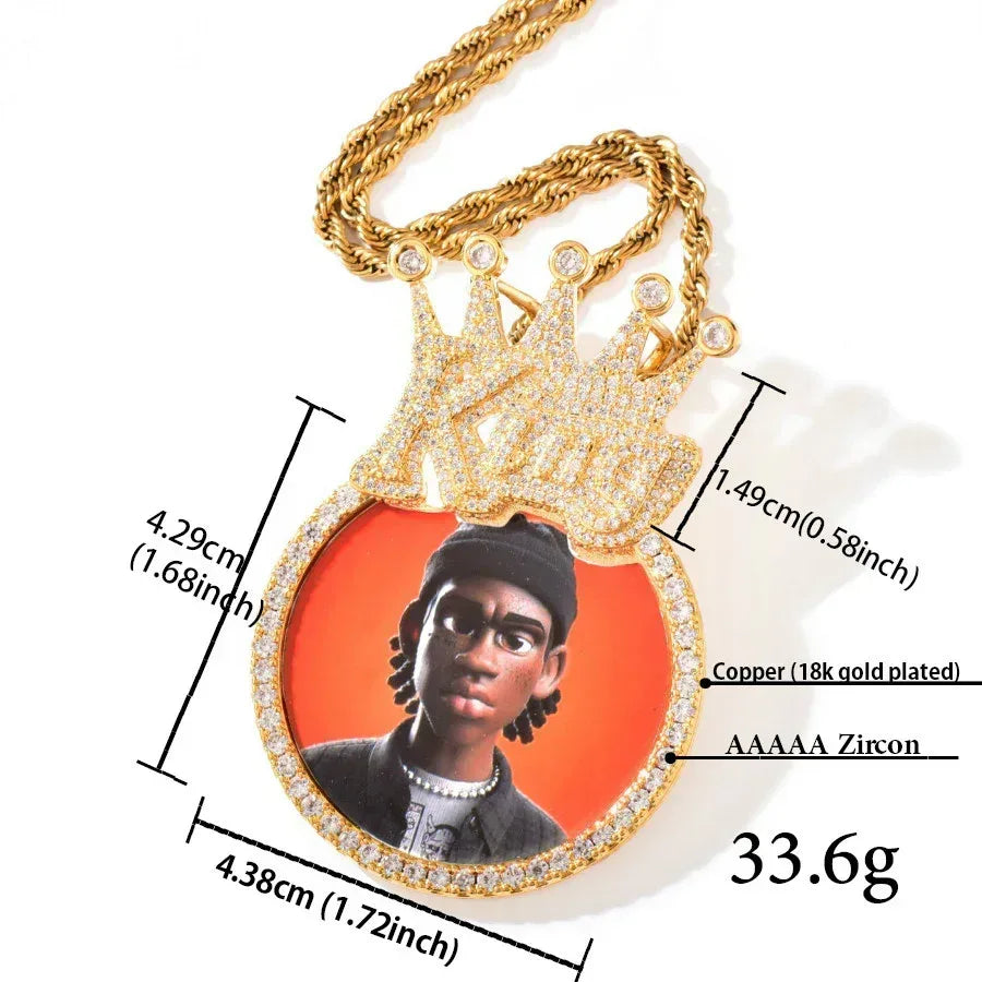 Crown Round Photo Pendant | Iced Out CZ DIY Custom Picture Hip Hop Necklace - CaratixJewelry