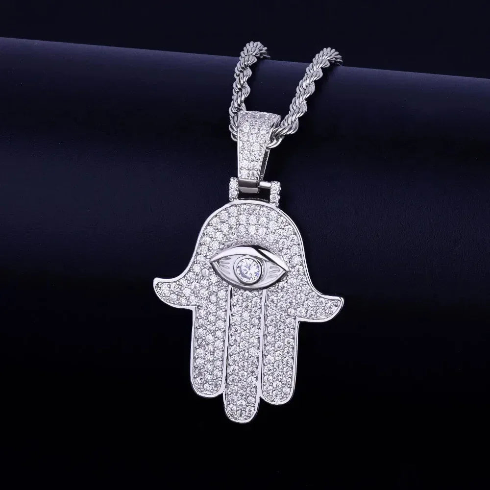 Iced Out Hamsa Hand Pendant Men's Hand of Fatima Necklace Caratix - CaratixJewelry