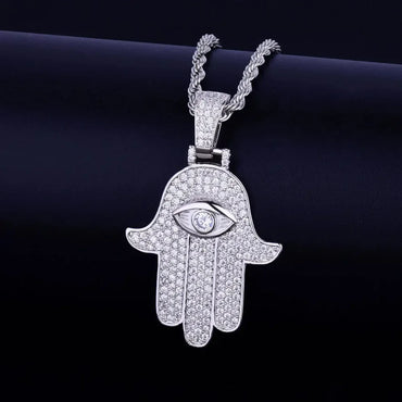 Iced Out Hamsa Hand Pendant Men's Hand of Fatima Necklace Caratix - CaratixJewelry