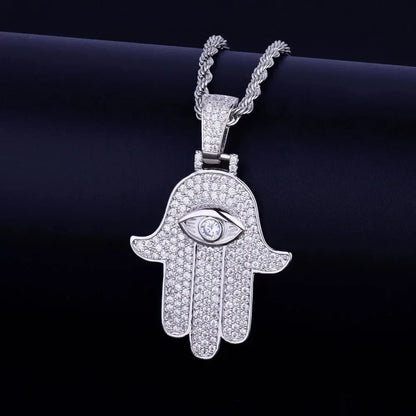 Iced Out Hamsa Hand Pendant Men's Hand of Fatima Necklace Caratix - CaratixJewelry