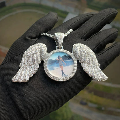 Wing Photo Pendant Necklace | Iced Out CZ Custom Picture DIY Couple Jewelry - CaratixJewelry