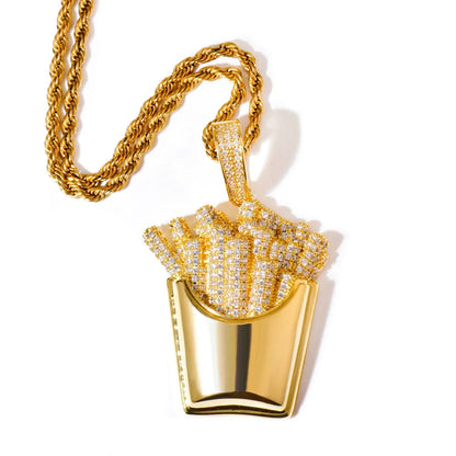 Iced Out French Fries Pendant Necklace | CZ Hip Hop Unisex Trendy Jewelry - CaratixJewelry